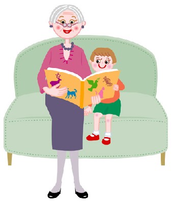 おばあちゃんと孫が絵本を読む様子