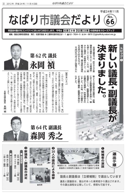 サムネ　なばり市議会だより（平成24年11月　No.66）